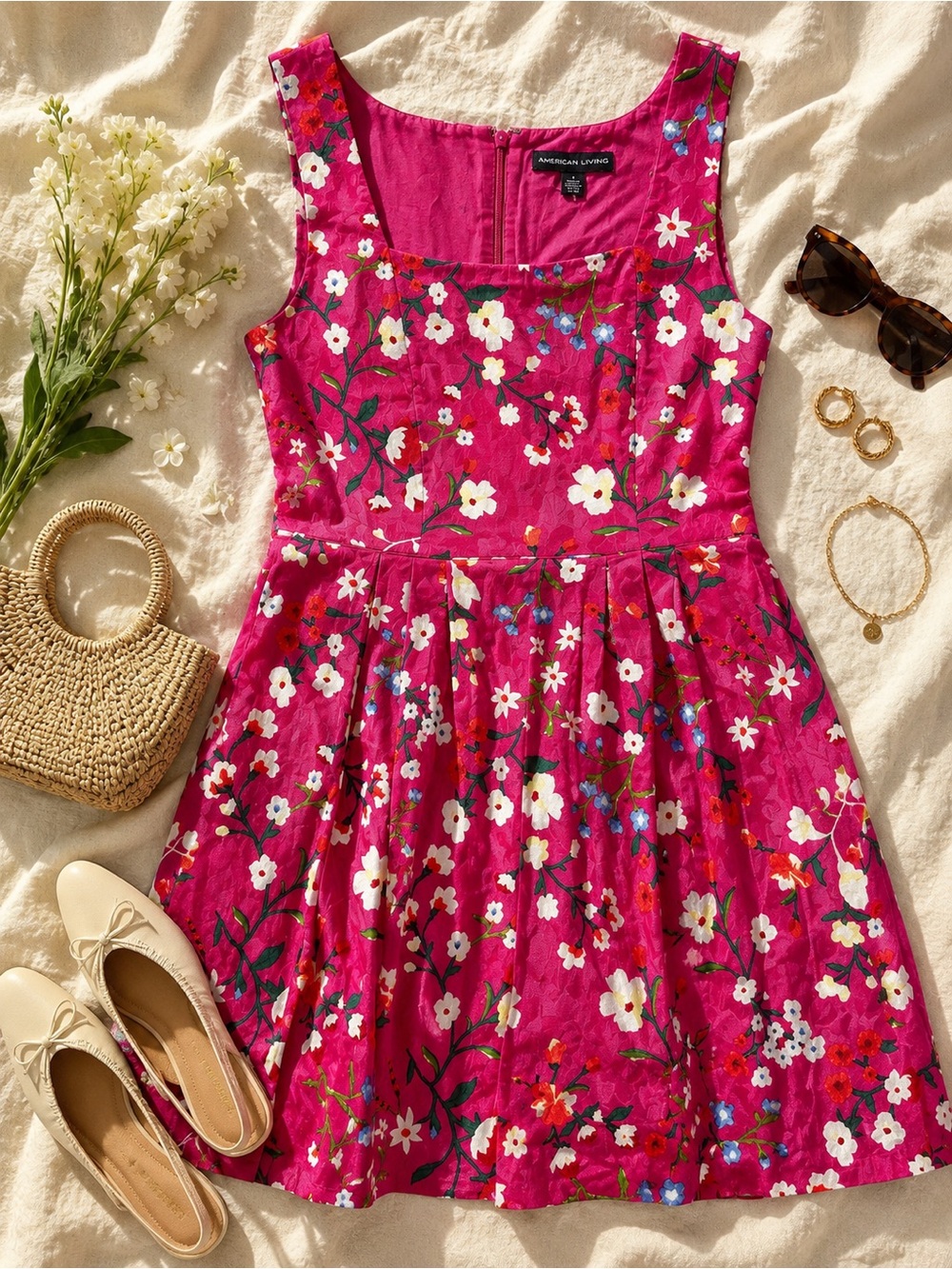 American Living Pink Floral Fit & Flare Dress Size 14 Cottagecore Garden Party